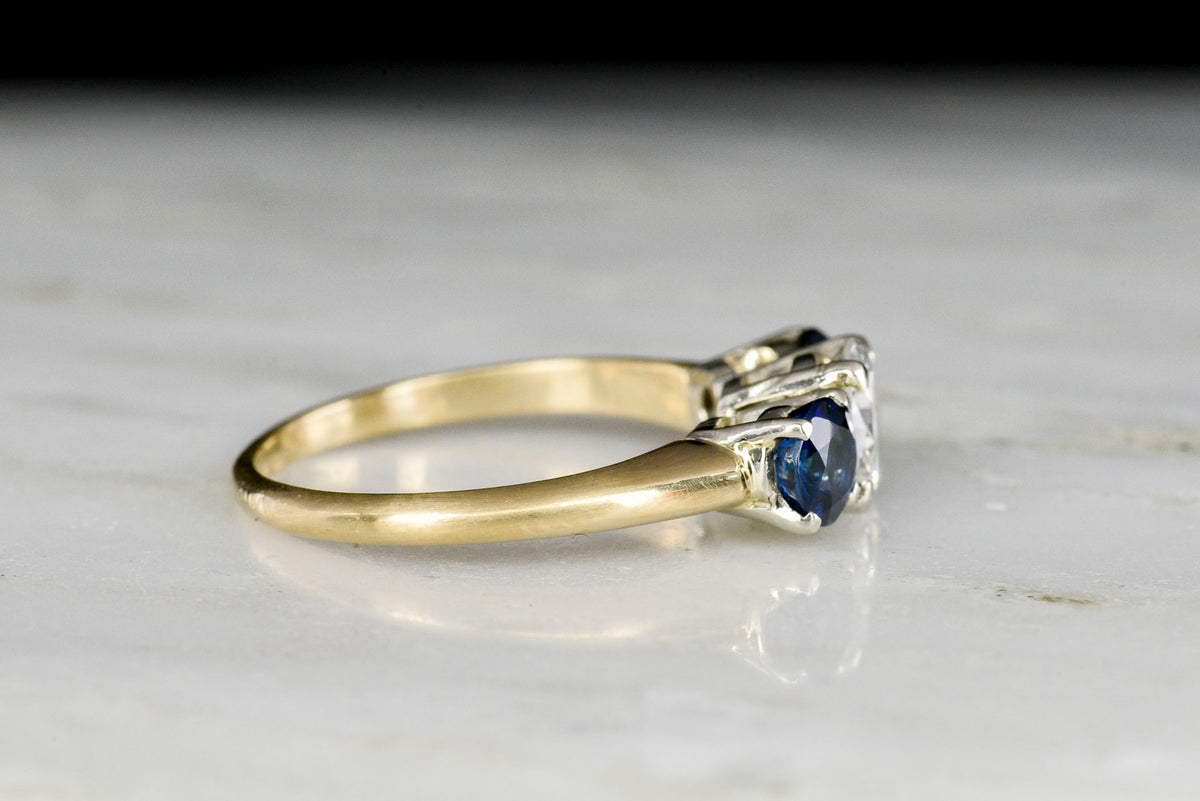 c. Mid-1900s Three-Stone Diamond and Sapphire Ring with a Classic Midcentury Design
