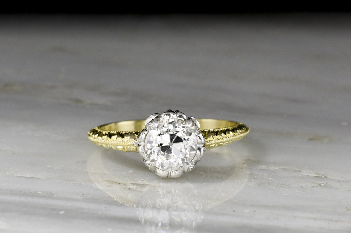 Victorian Revival Green Gold and Platinum Engagement Ring with an Old European Cut Diamond