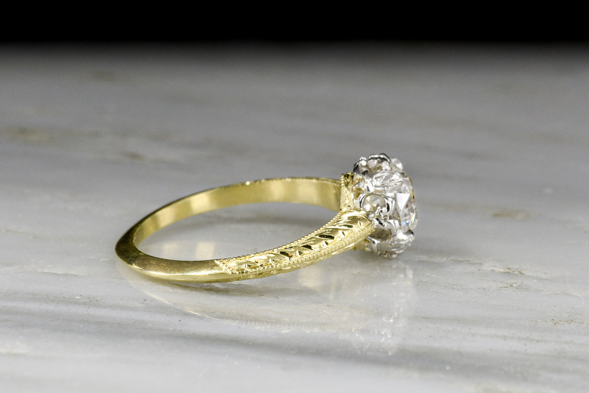Victorian Revival Green Gold and Platinum Engagement Ring with an Old European Cut Diamond