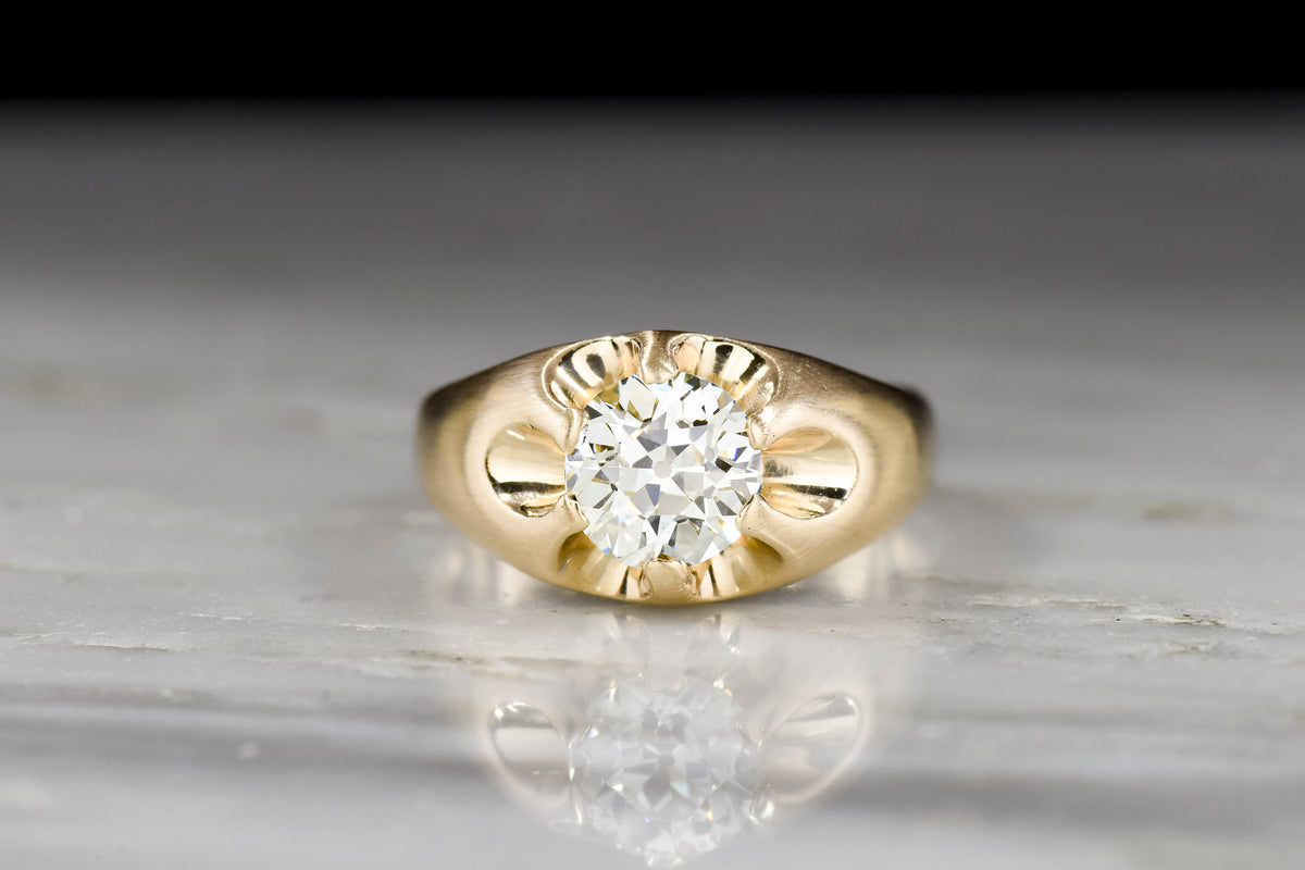 Late/Post- Victorian Gold Belcher Ring with a GIA 1.12 Carat Old European Cut Diamond