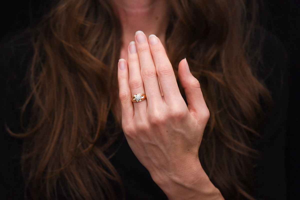 Late/Post- Victorian Gold Belcher Ring with a GIA 1.12 Carat Old European Cut Diamond