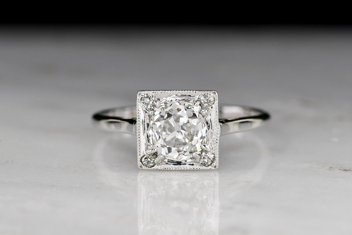 c. 1930s Geometric Art Deco Engagement Ring with a 1.34 Carat Old Mine Cut Diamond Center
