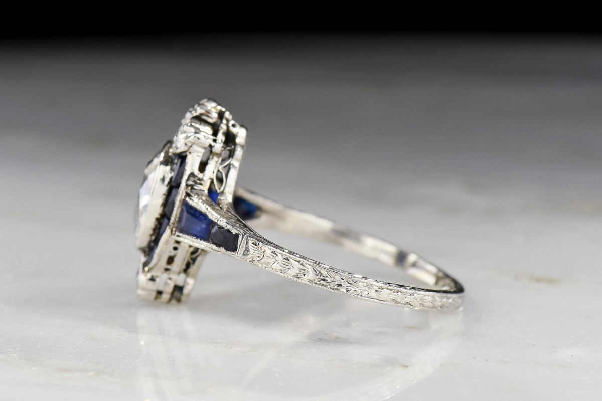 c. 1920s Edwardian / Art Deco Antique Pear Cut Diamond and Calibré Cut Sapphire Ring