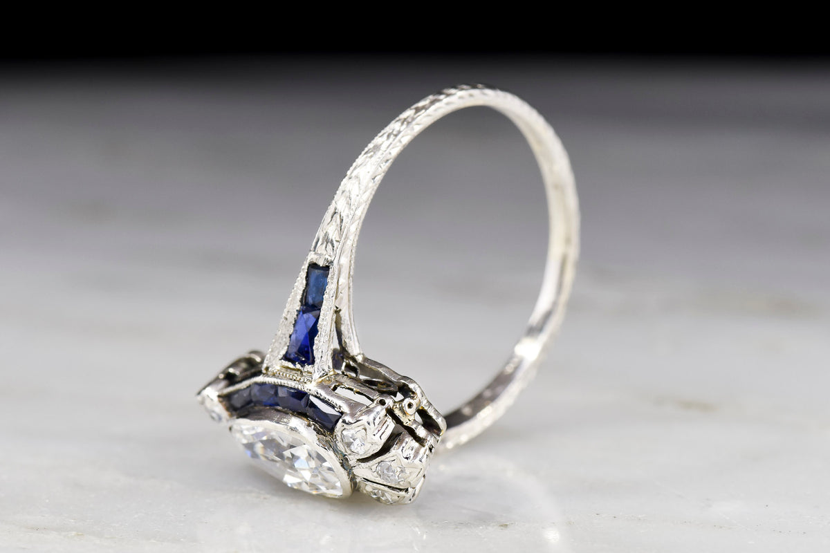 c. 1920s Edwardian / Art Deco Antique Pear Cut Diamond and Calibré Cut Sapphire Ring