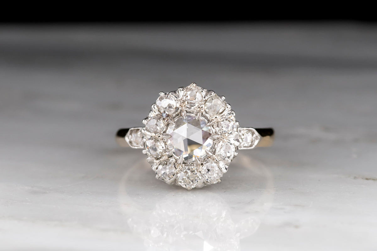 Late Victorian/Early Edwardian Rose Cut and Old Mine Cut Diamond Cluster Ring in Gold and Platinum
