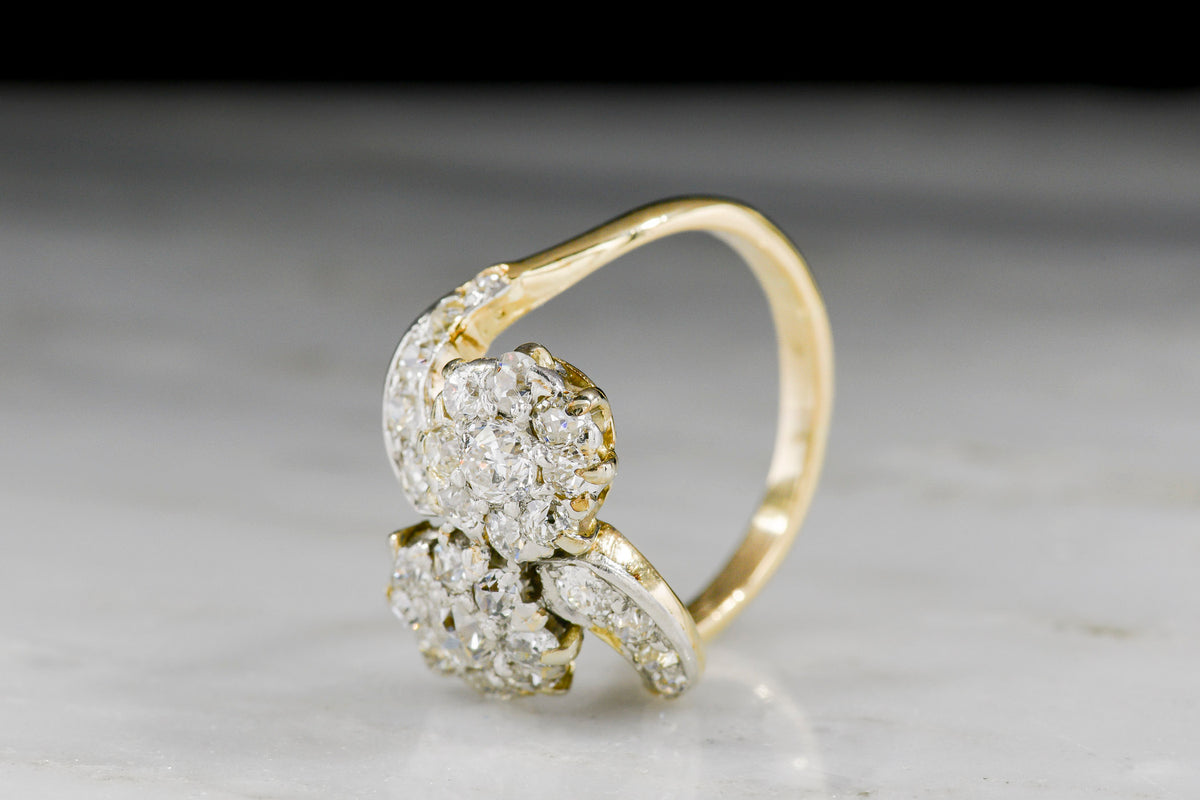 c. Early 1900s Belle Époque Gold and Platinum Double Cluster Bypass Ring