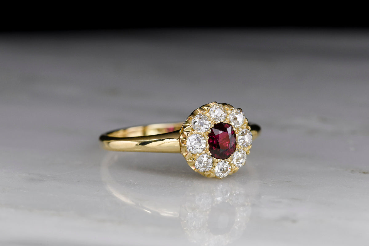 Late Victorian Ruby and Old Mine Cut Diamond Cluster Ring in 18K Gold