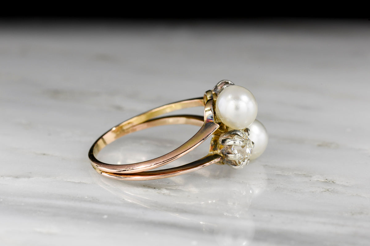 Victorian Twin-Shank Pearl and Old Mine Cut Diamond Right-Hand Ring