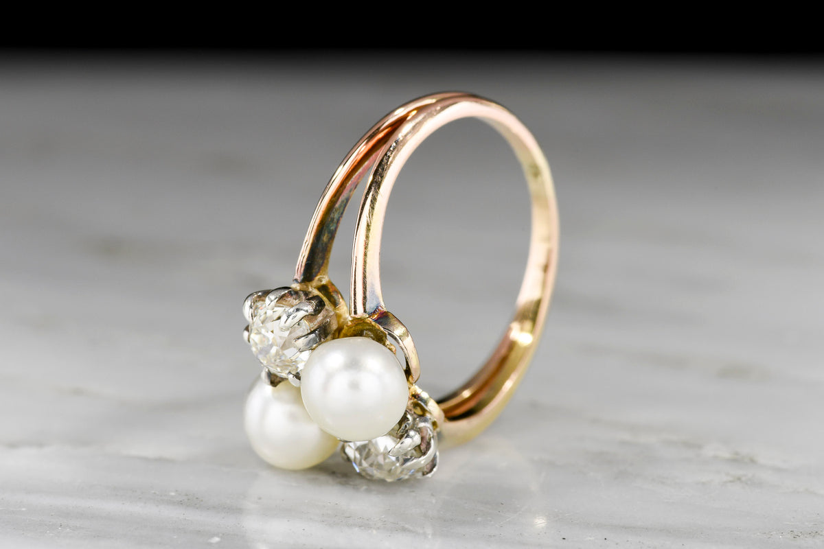 Victorian Twin-Shank Pearl and Old Mine Cut Diamond Right-Hand Ring