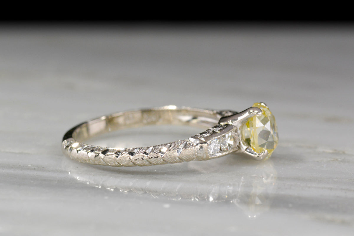 Fancy Light Yellow Old Mine Cut Diamond Edwardian Revival Engagement Ring