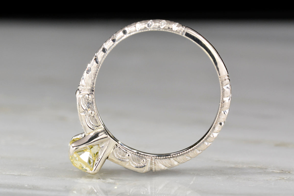 Fancy Light Yellow Old Mine Cut Diamond Edwardian Revival Engagement Ring