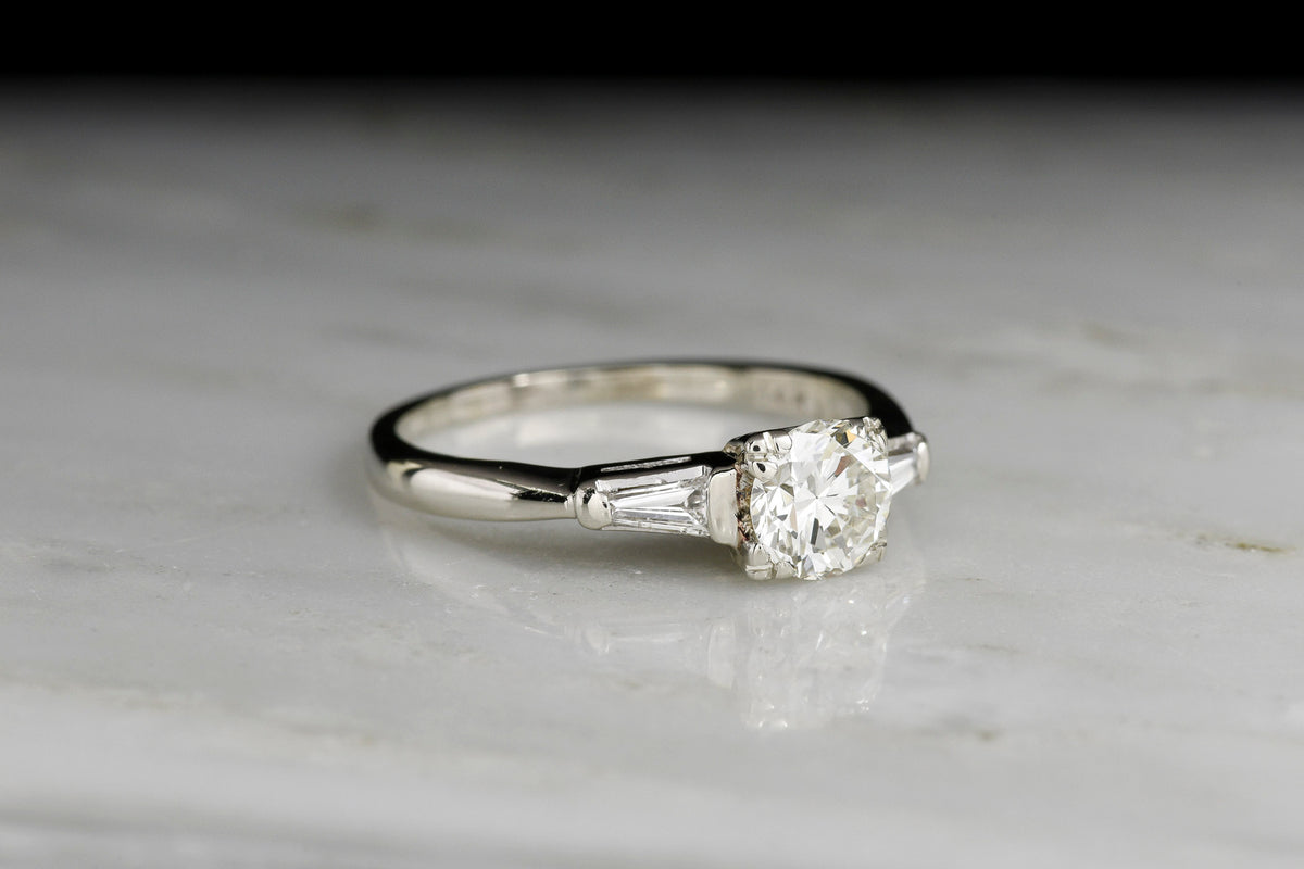Vintage Late-WWII / Midcentury White Gold Engagement Ring with Tapered Baguette Shoulders