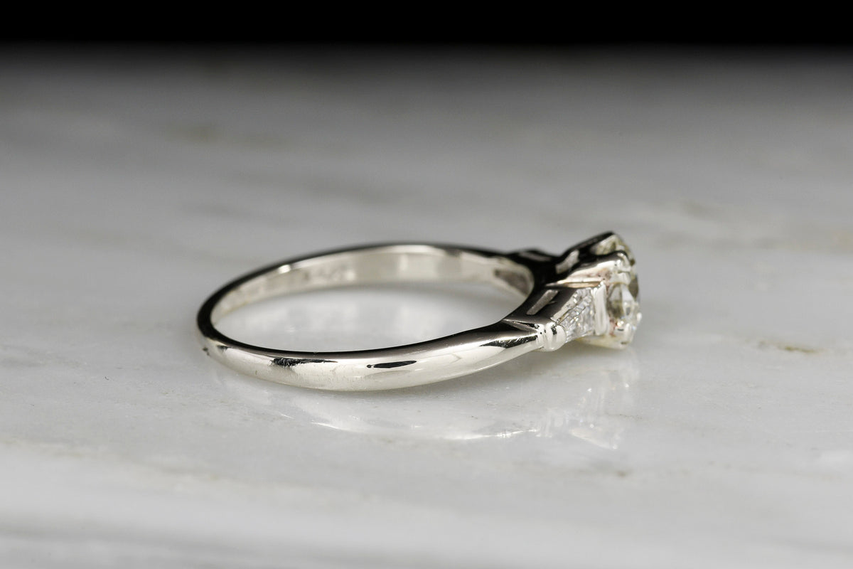 Vintage Late-WWII / Midcentury White Gold Engagement Ring with Tapered Baguette Shoulders