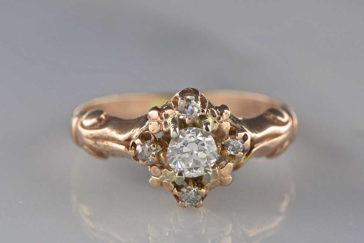 Victorian 14K Rose Gold and Diamond Cluster Engagement, Right-Hand, or Pinky Ring with French Regal Engraving Motif
