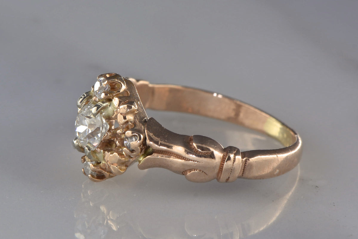 Victorian 14K Rose Gold and Diamond Cluster Engagement, Right-Hand, or Pinky Ring with French Regal Engraving Motif