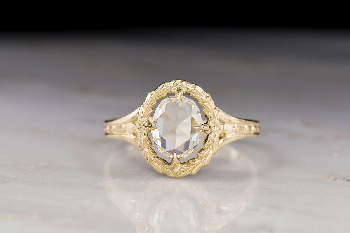 Victorian Revival / Neoclassical Gold Engagement or Right-Hand Ring with a GIA Oval Rose Cut Diamond Center
