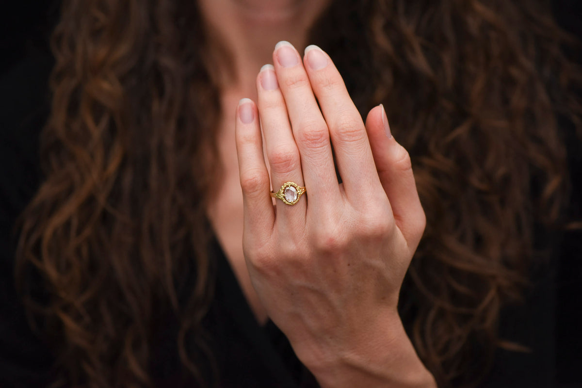 Victorian Revival / Neoclassical Gold Engagement or Right-Hand Ring with an Oval Rose Cut Diamond Center