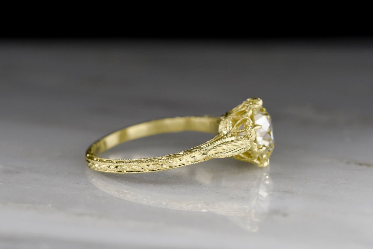 Ornate Victorian Revival 18K Green Gold Engagement Ring with a 1.70 Carat Diamond Center