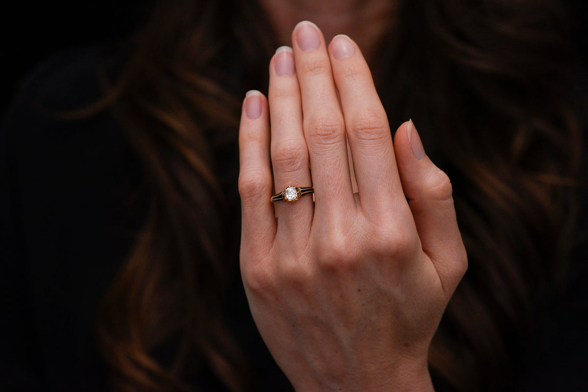 Victorian Old Mine Cut Diamond Engagement Ring with Black Enamel Striations