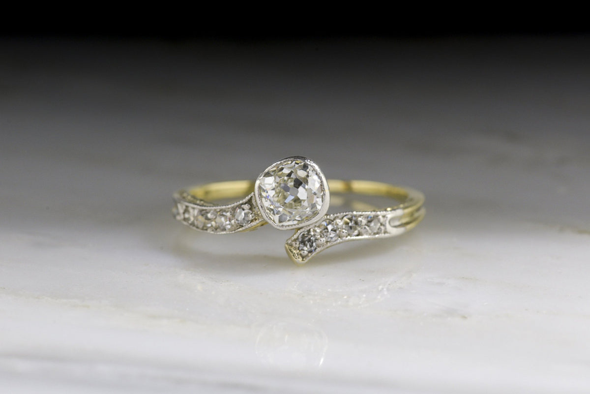 Late Victorian / Art Deco Old Mine Cut Diamond Bypass Ring