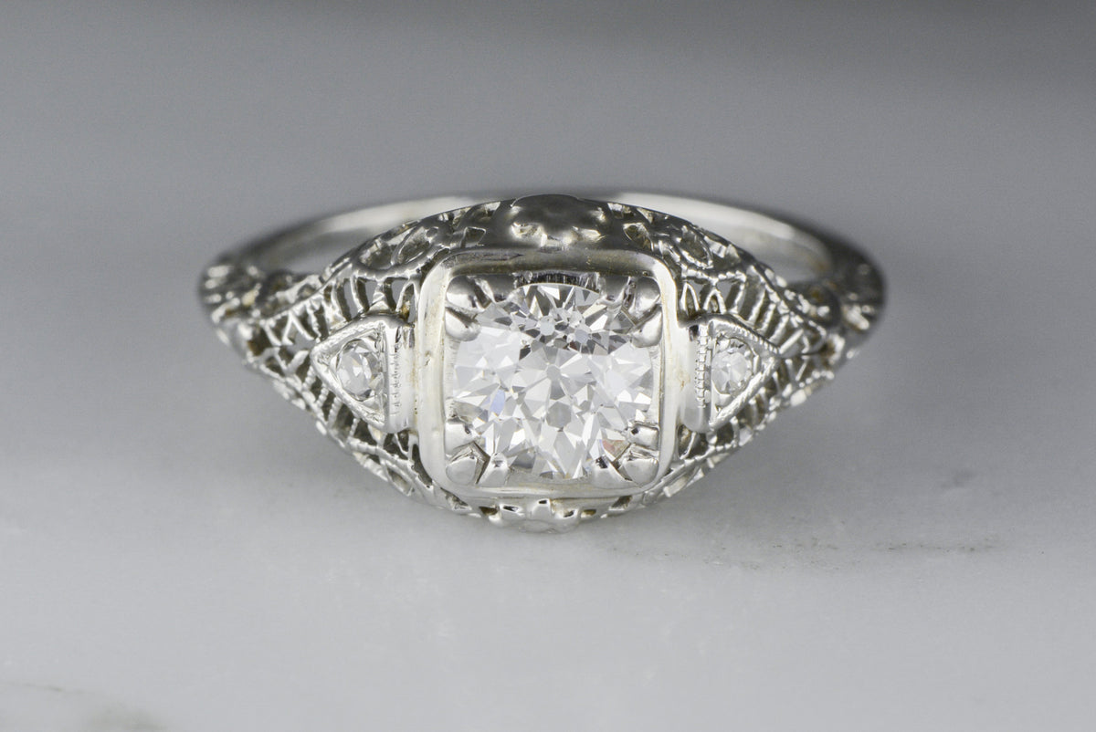 Antique Edwardian Diamond Engagement Ring with .50 Carat Old European Cut Diamond and Single Cut Diamond Accents TS50