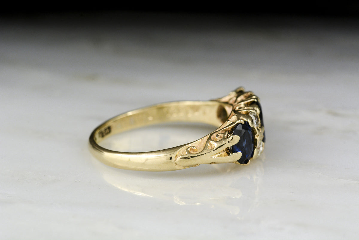 Antique Late Victorian Oval Cut Sapphire and Diamond Ring in Yellow Gold