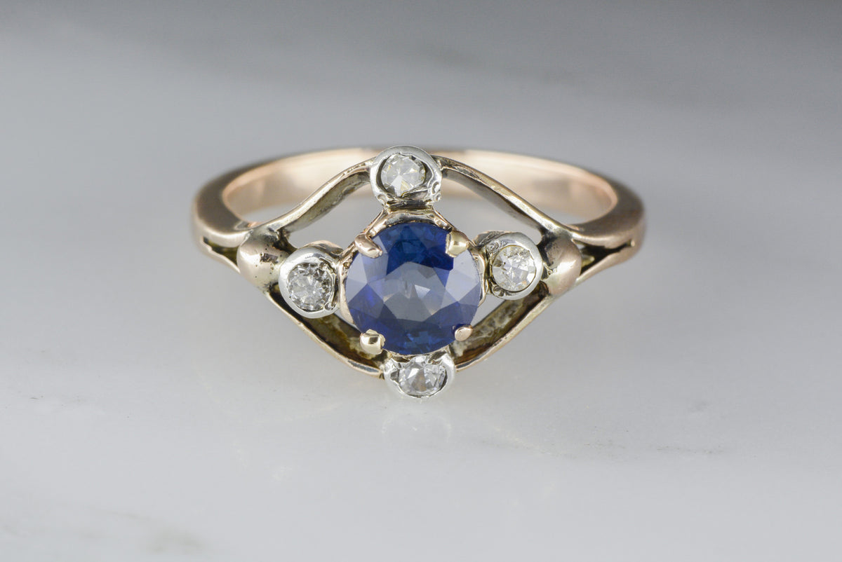 Round Brilliant Blue Sapphire in Victorian Rose Gold Engagement Ring with .20 ctw Antique Single Cut Diamond Accents TS53