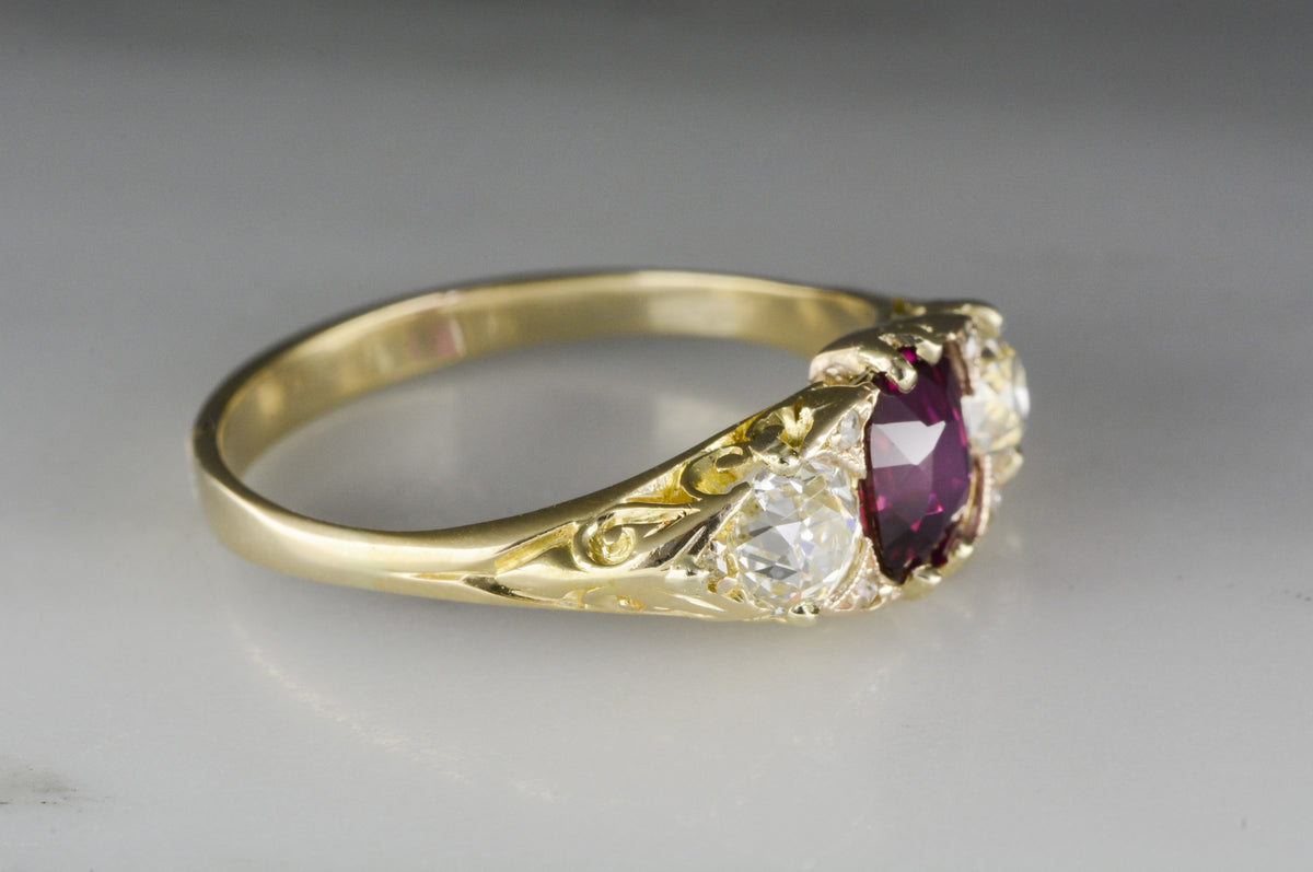 1.20 ctw Victorian / Art Nouveau Natural .60 ct Cushion Cut Ruby / Pink Sapphire and Diamond Accent Engagement / Anniversary Ring