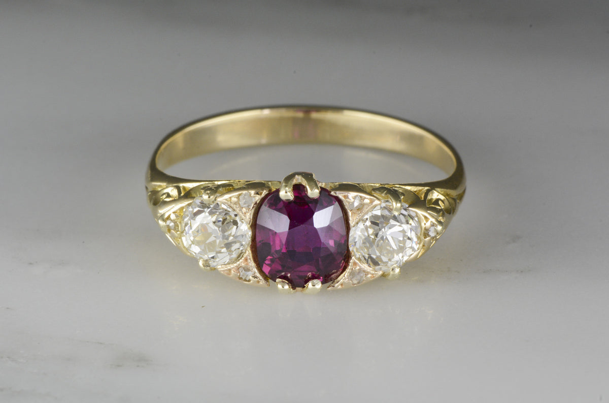 1.20 ctw Victorian / Art Nouveau Natural .60 ct Cushion Cut Ruby / Pink Sapphire and Diamond Accent Engagement / Anniversary Ring