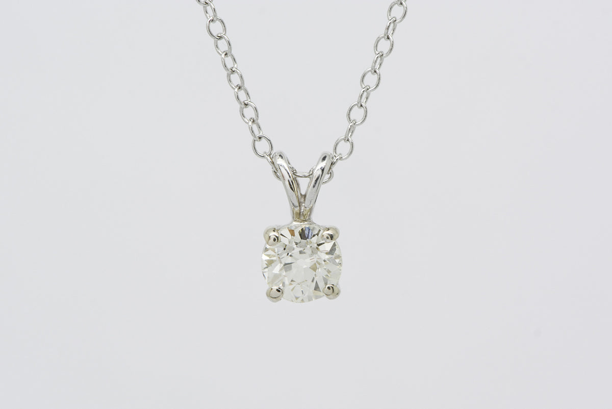 Antique Old European Cut Diamond in a 14K Solid White Gold Pendant and 14K, 16-Inch White Gold Chain; Anniversary or Birthday Gift