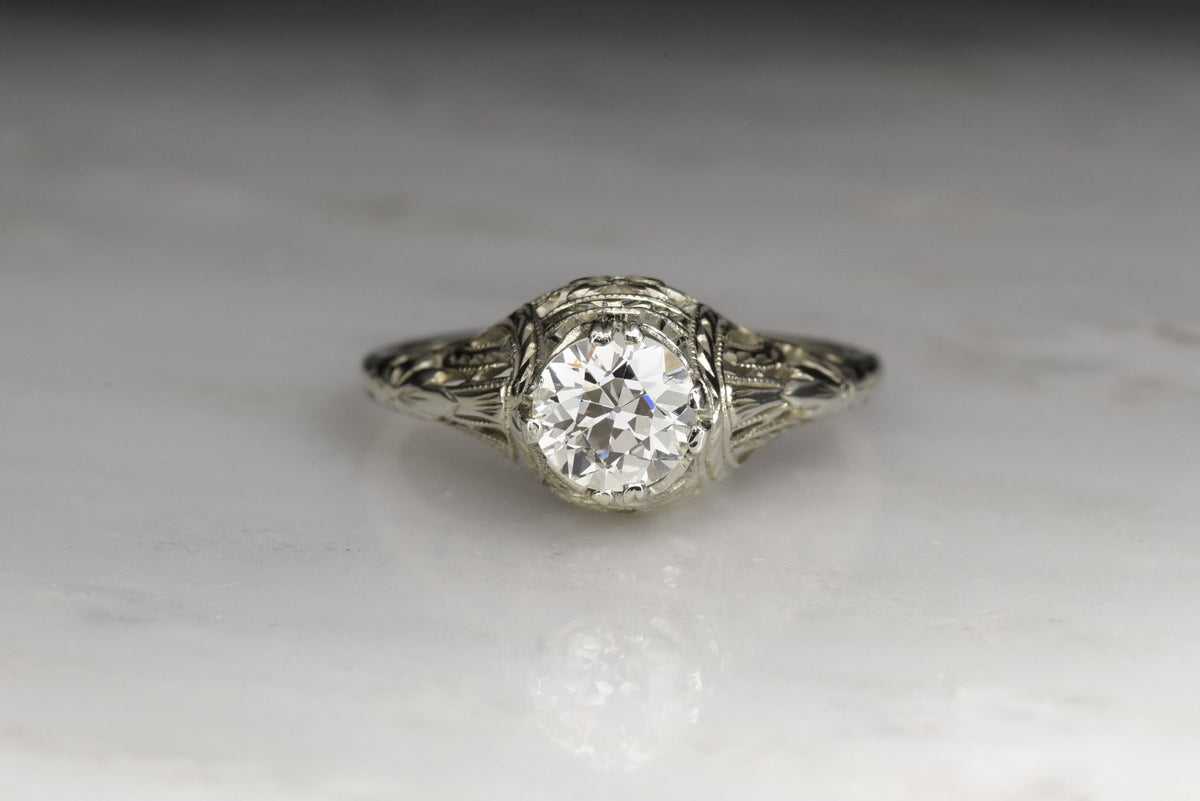 Old European Cut Diamond Engagement Ring with Ornate Open Filigree and Engraving