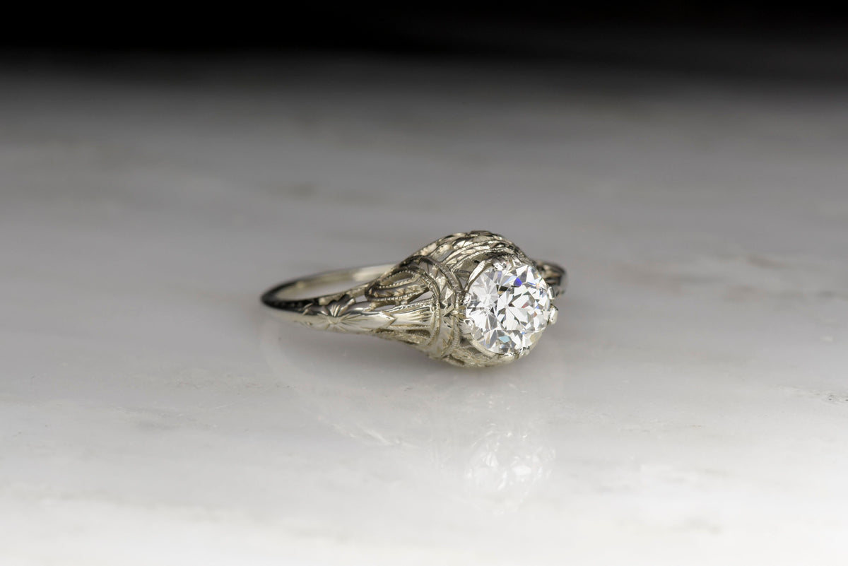 Old European Cut Diamond Engagement Ring with Ornate Open Filigree and Engraving