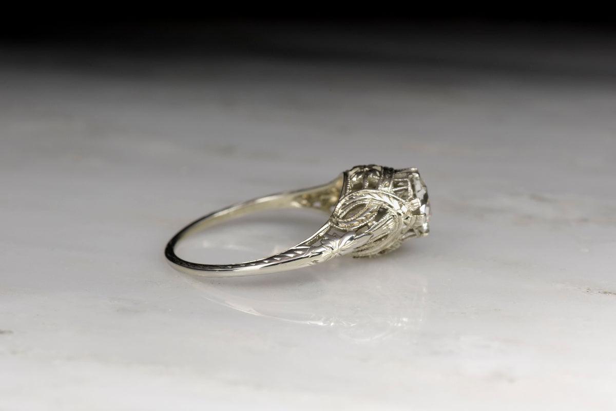 Old European Cut Diamond Engagement Ring with Ornate Open Filigree and Engraving