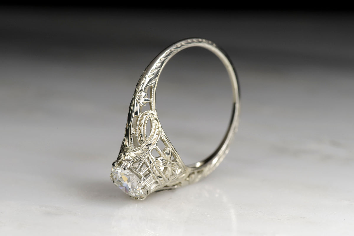 Old European Cut Diamond Engagement Ring with Ornate Open Filigree and Engraving