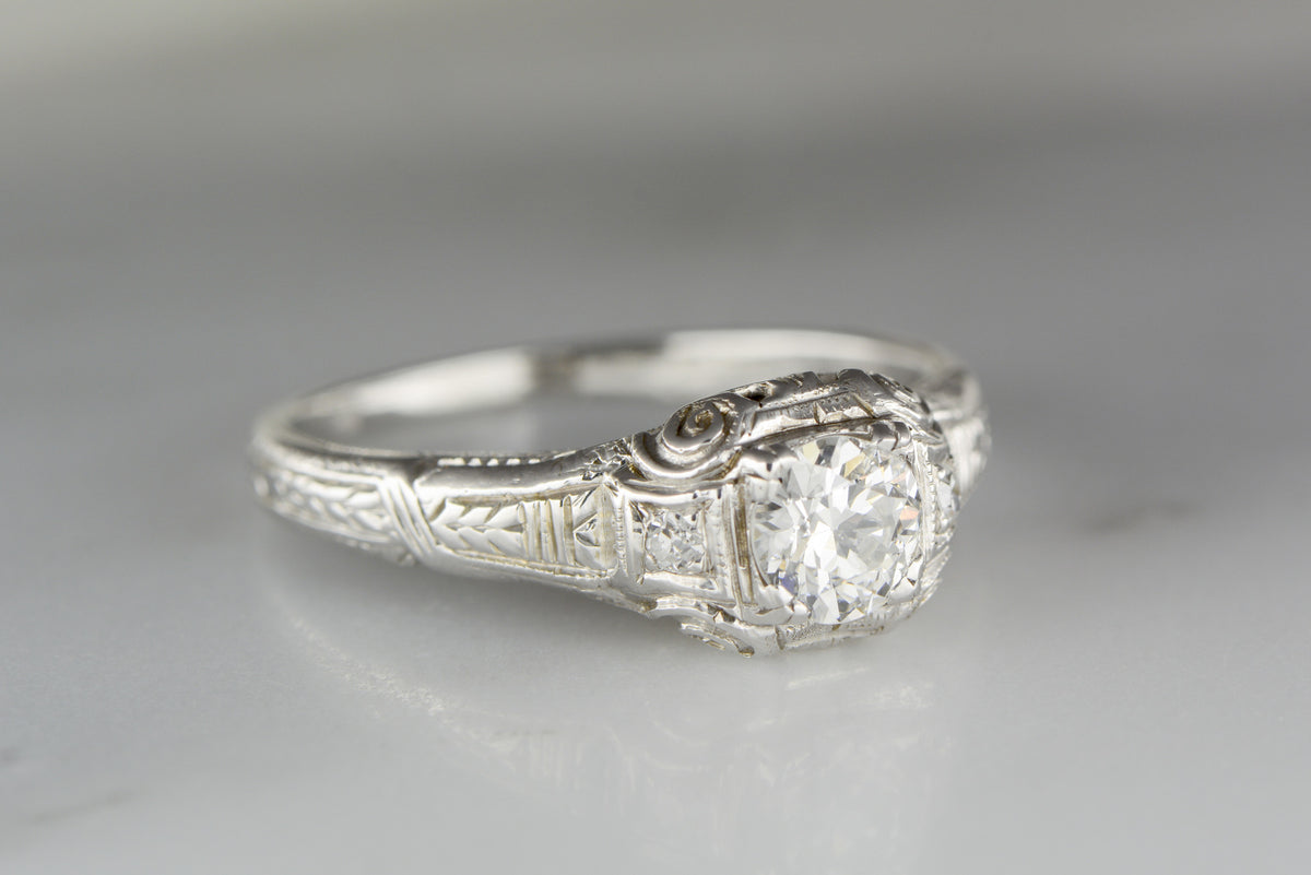 .45 Carat Old European Cut Diamond in 18K White Gold Edwardian / Pre- Art Deco Engagement Ring