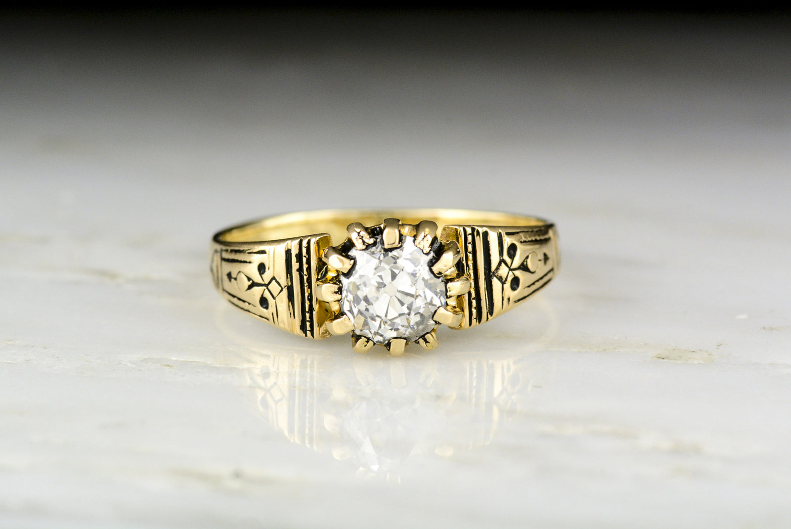 Antique Victorian .95 Carat Old Mine Cut Diamond Engagement Ring with Black Enamel