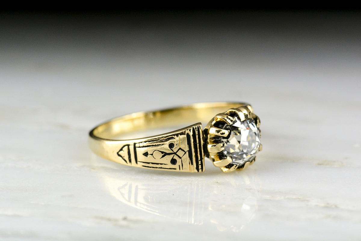 Antique Victorian .95 Carat Old Mine Cut Diamond Engagement Ring with Black Enamel