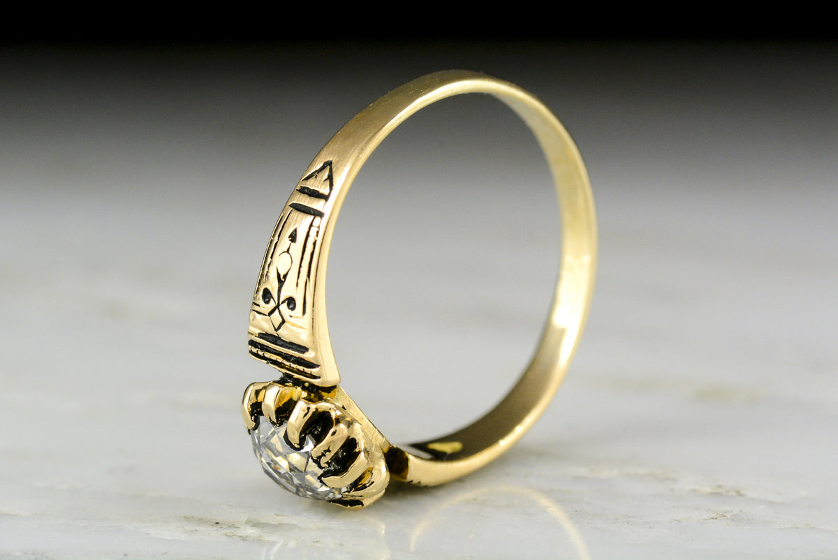 Antique Victorian .95 Carat Old Mine Cut Diamond Engagement Ring with Black Enamel