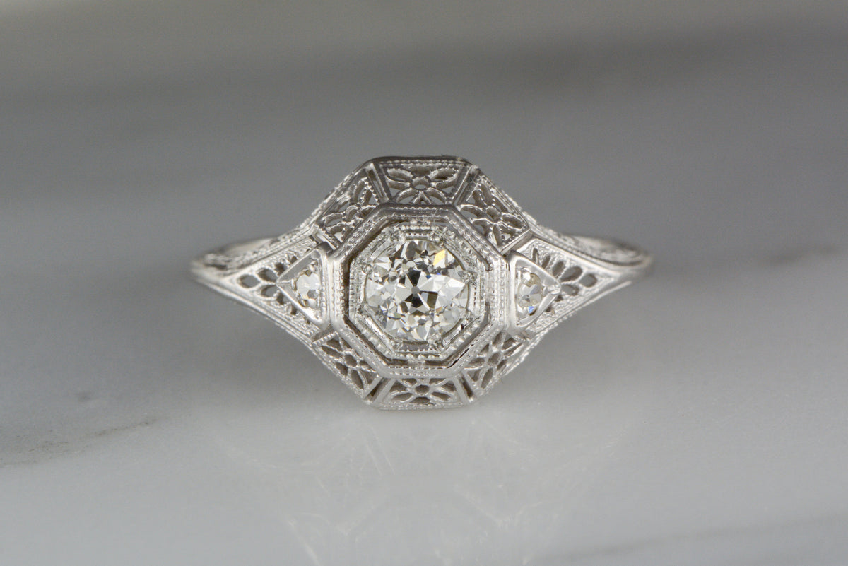 Antique .40ctw Edwardian Engagement or Cocktail Ring with .35 Carat Round Old Mine Cut Diamond Center and Single Cut Diamond Accents