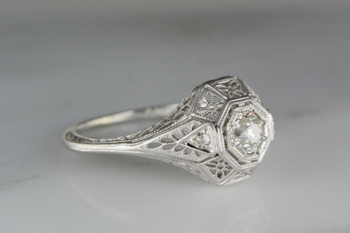 Antique .40ctw Edwardian Engagement or Cocktail Ring with .35 Carat Round Old Mine Cut Diamond Center and Single Cut Diamond Accents