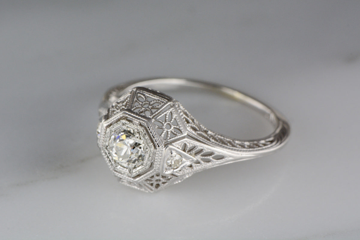 Antique .40ctw Edwardian Engagement or Cocktail Ring with .35 Carat Round Old Mine Cut Diamond Center and Single Cut Diamond Accents