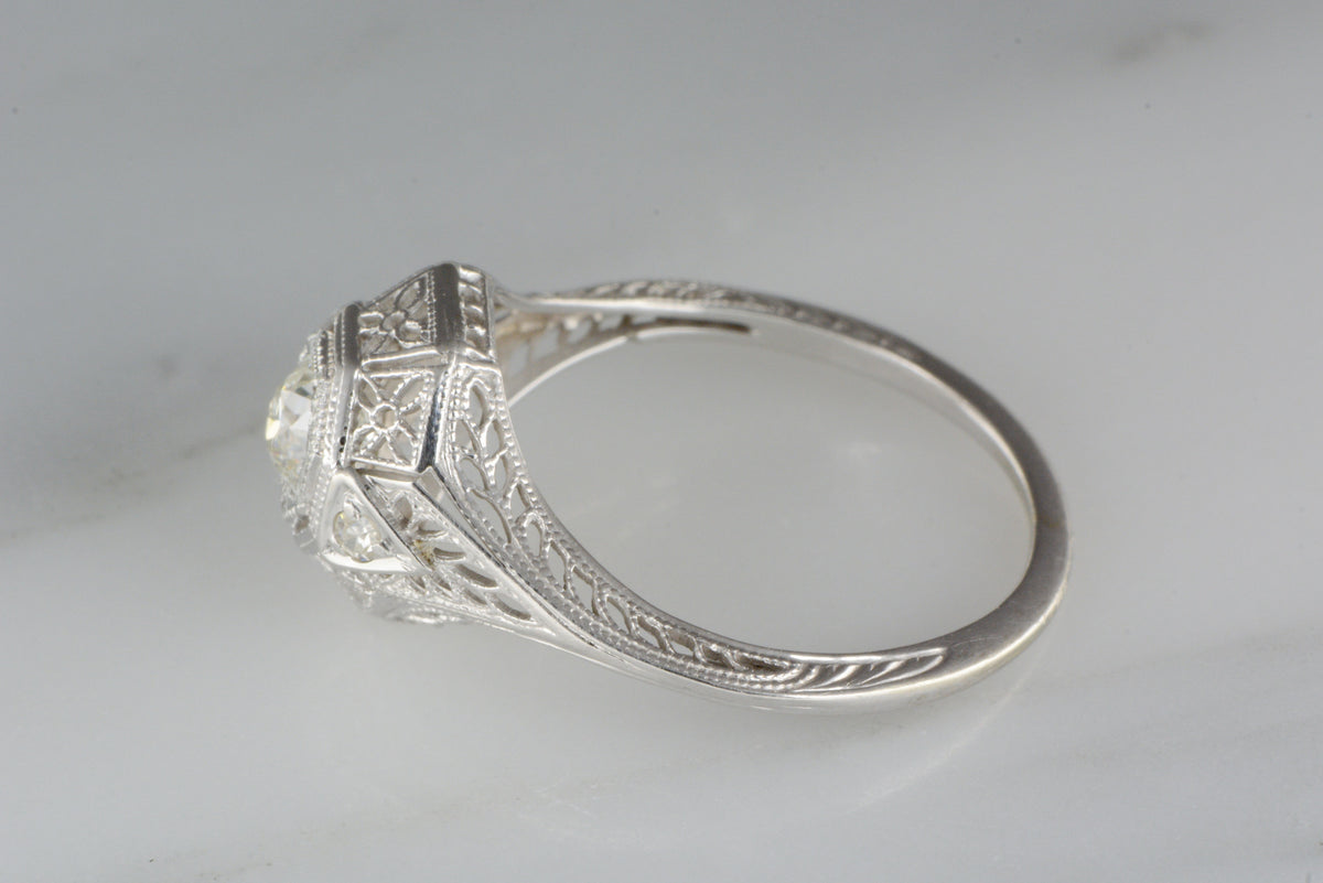 Antique .40ctw Edwardian Engagement or Cocktail Ring with .35 Carat Round Old Mine Cut Diamond Center and Single Cut Diamond Accents