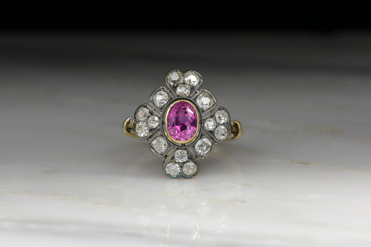 Antique Victorian Pink Sapphire and Old Mine Cut Diamond Cocktail Ring