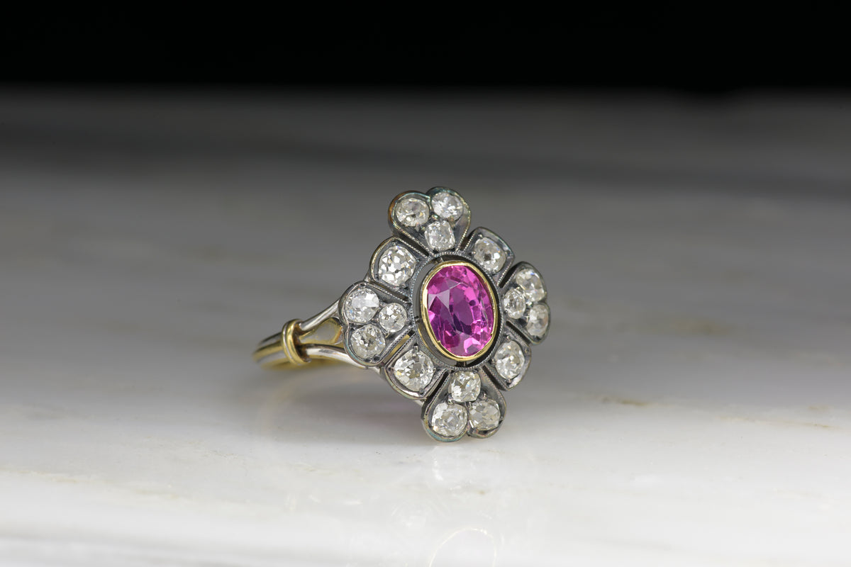 Antique Victorian Pink Sapphire and Old Mine Cut Diamond Cocktail Ring