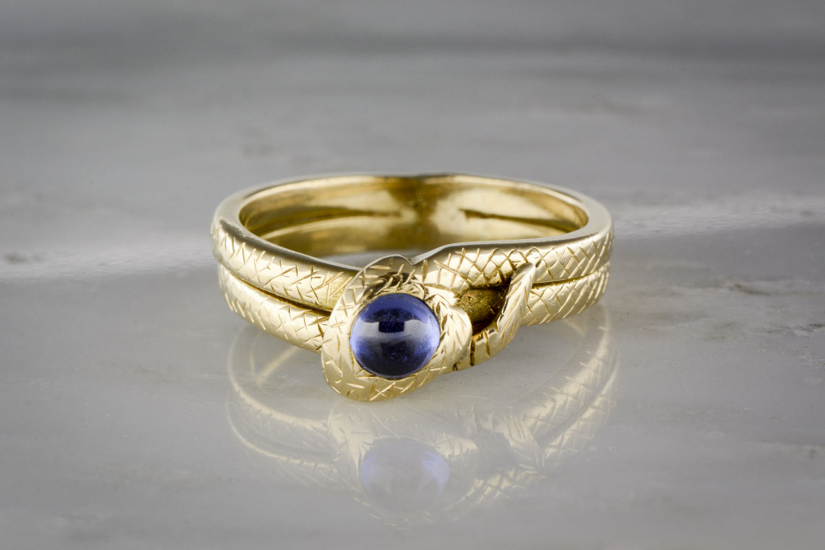 Antique Art Nouveau, Victorian Men&#39;s Sapphire and 18K Gold Snake / Serpent Engagement, Anniversary, or Wedding Ring