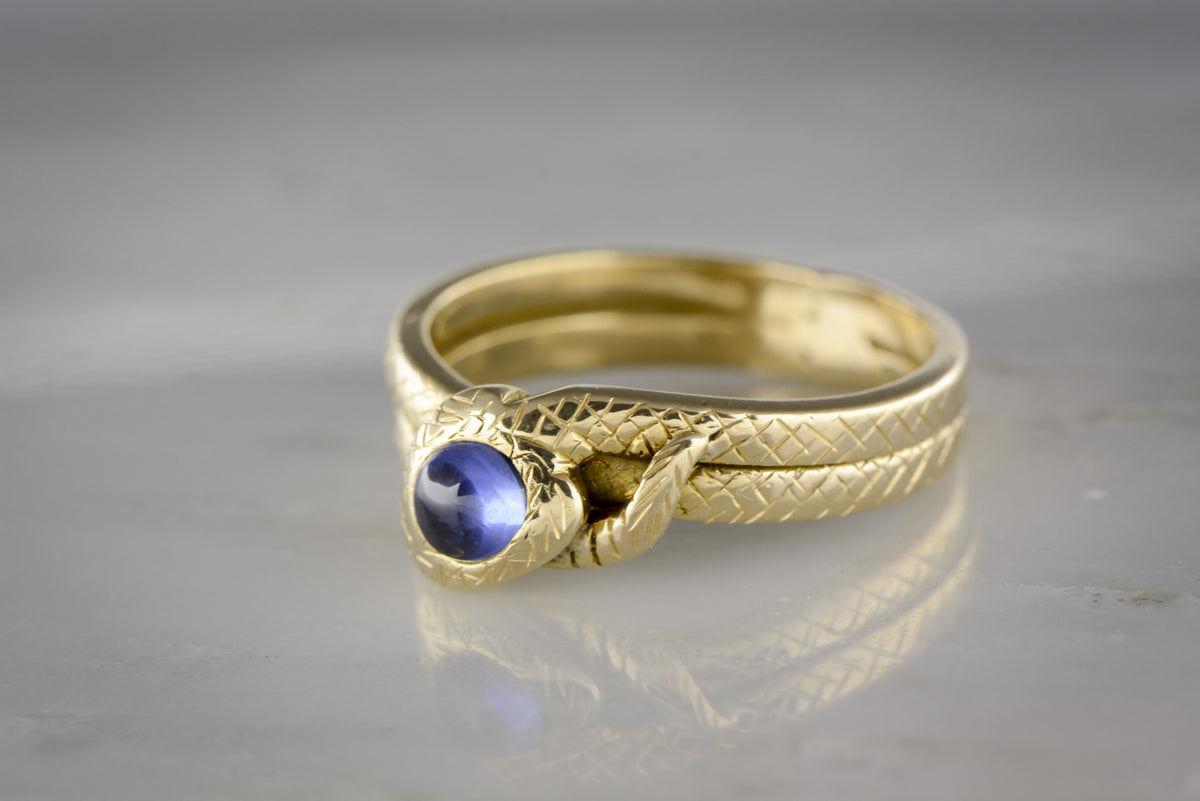 Antique Art Nouveau, Victorian Men&#39;s Sapphire and 18K Gold Snake / Serpent Engagement, Anniversary, or Wedding Ring