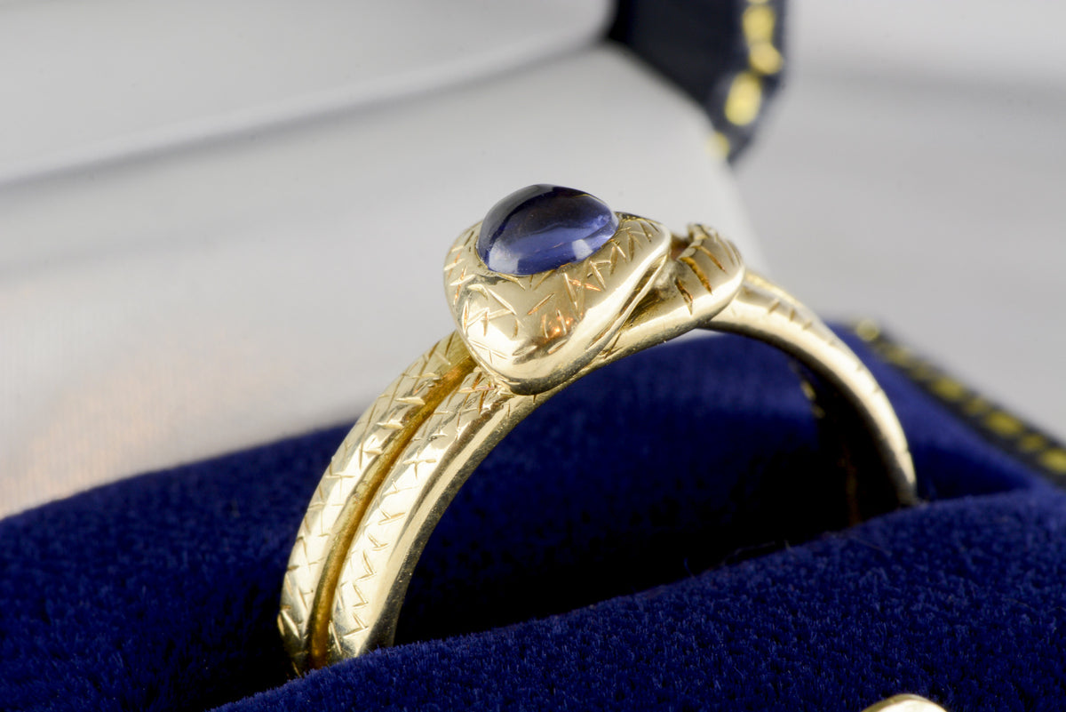 Antique Art Nouveau, Victorian Men&#39;s Sapphire and 18K Gold Snake / Serpent Engagement, Anniversary, or Wedding Ring