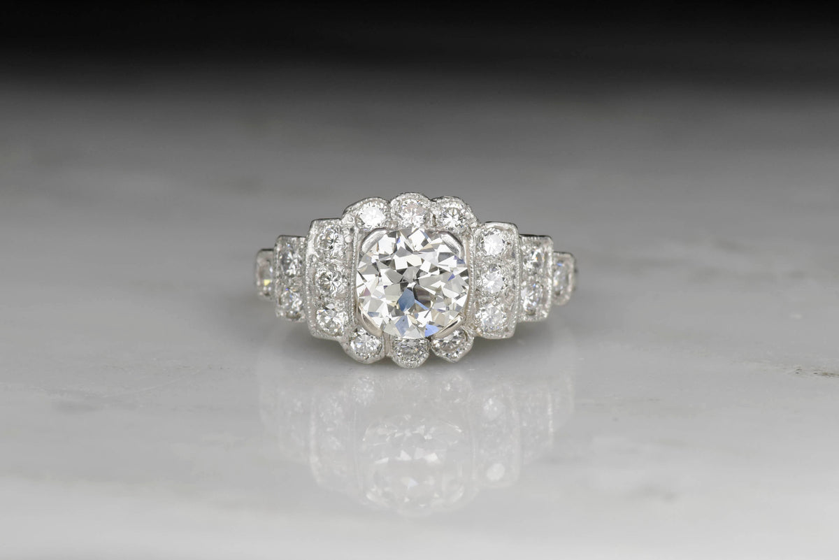 Art Deco Platinum Engagement Ring with a Late Old European Cut Diamond Center
