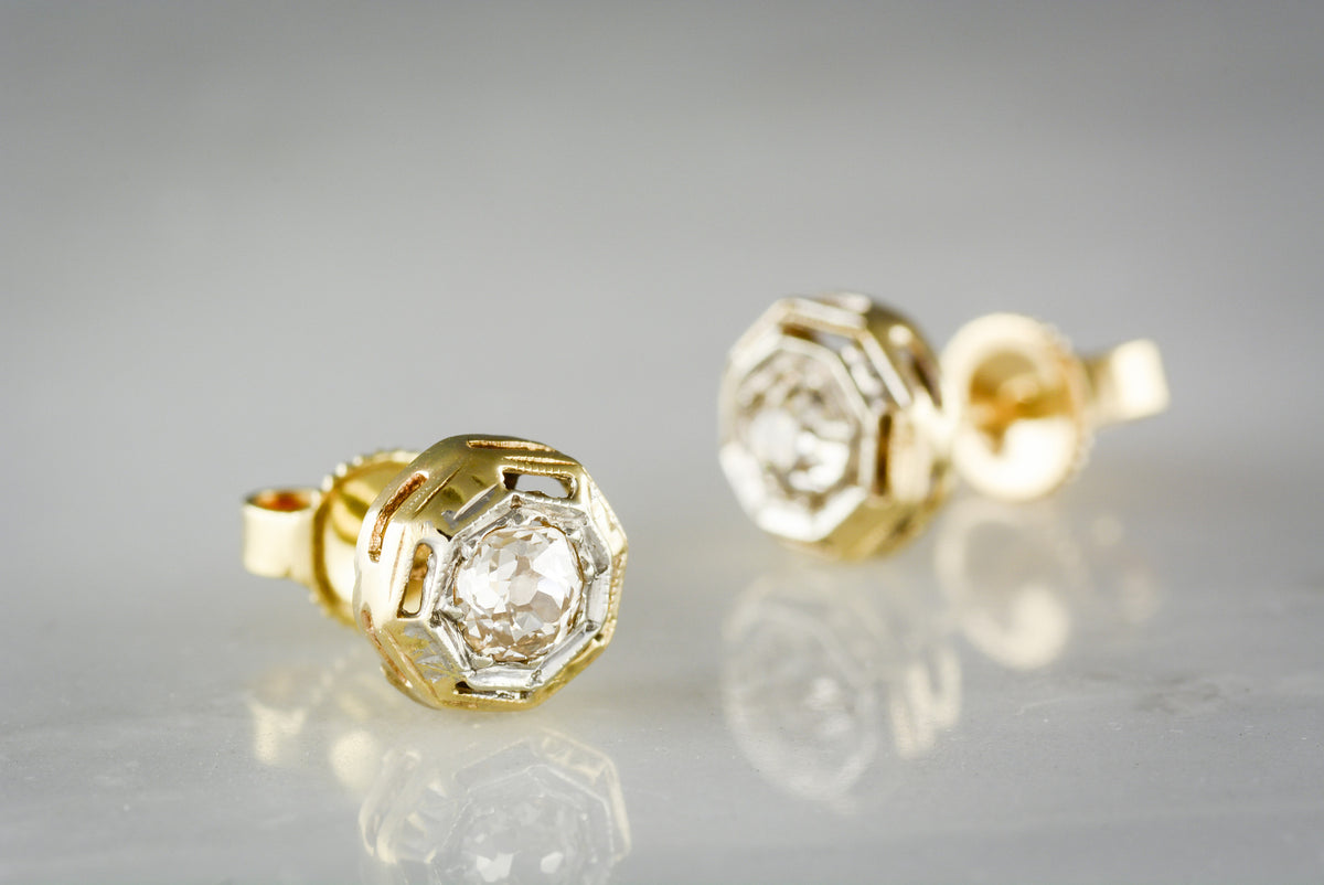 .60 ctw Old Mine Cut Diamonds in 14K Yellow and White Gold Victorian Revival / Retro Stud Earrings