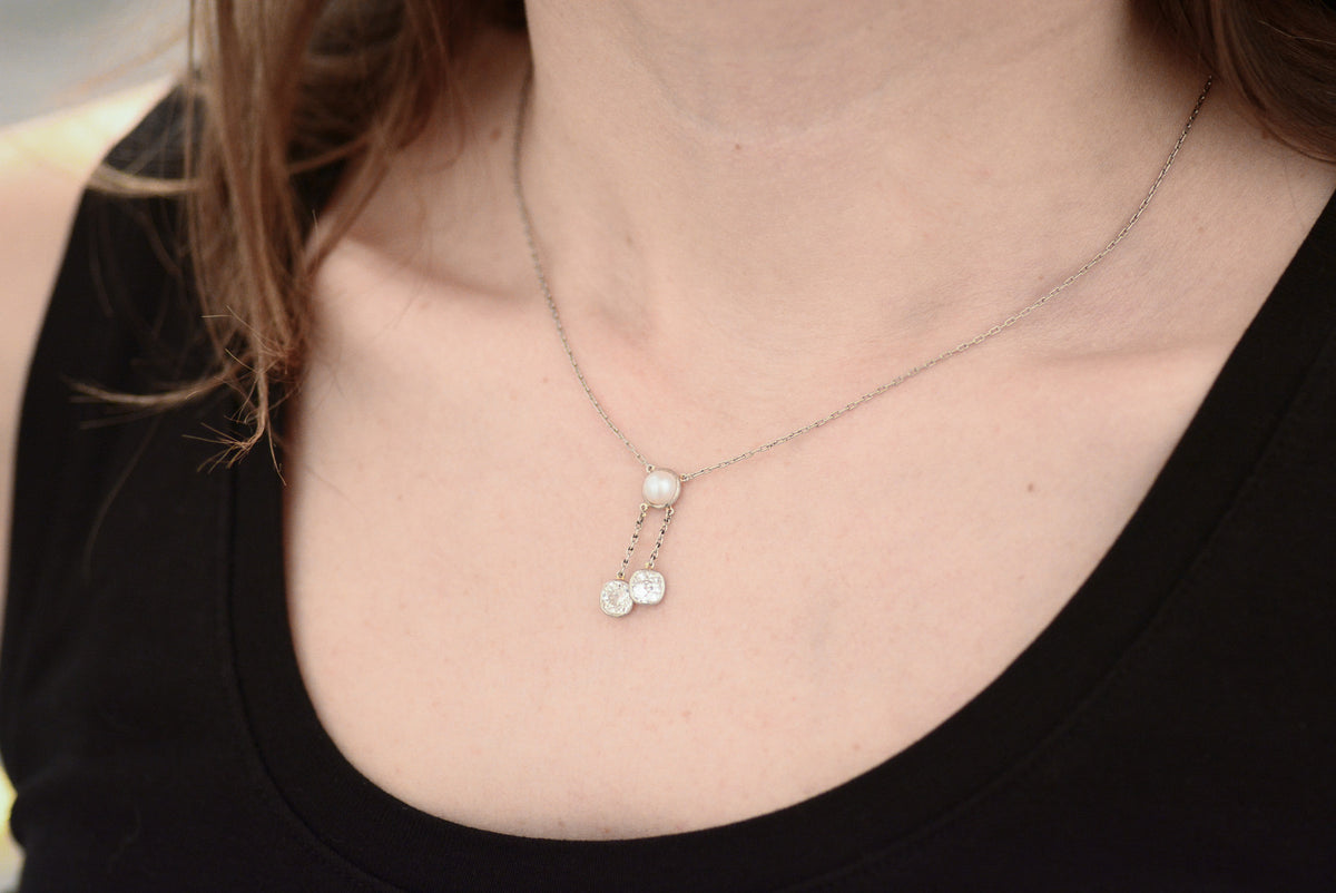 Edwardian / Art Deco Platinum Old Mine Cut Diamond and Pearl Lariat Necklace